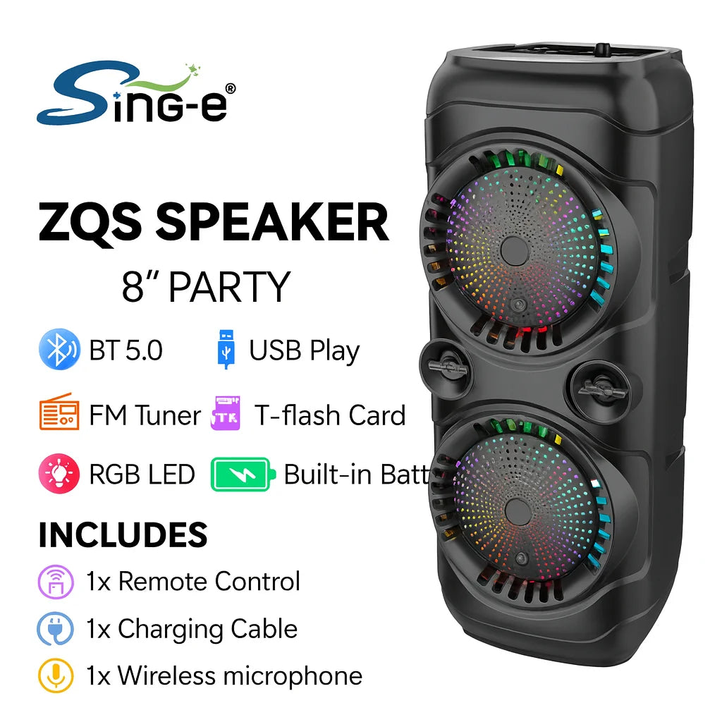 Boxă Portabilă AT Performance ZQS8229W cu Difuzoare 8" ×2, 40W și Baterie 4500 mAh – LED RGB, Microfon Inclus