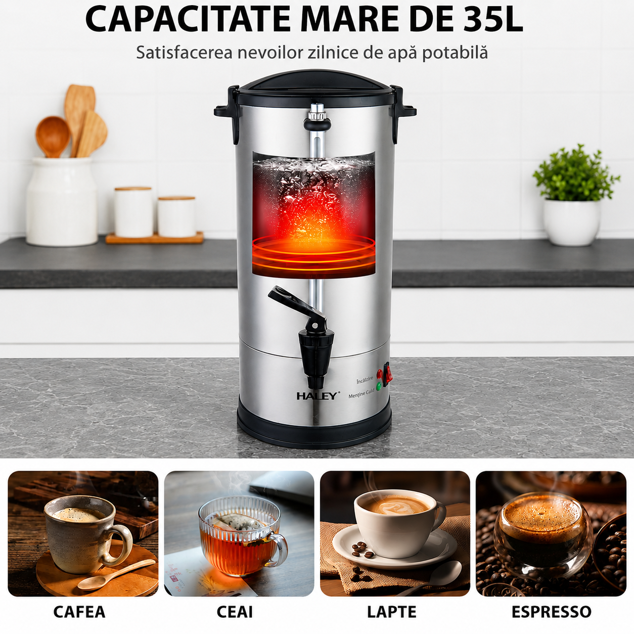 Termos Electric Profesional HALEY HY-6935L, 35L, 2500W, Inox 304, Robinet, Indicator Nivel Apă, Menținere Temperatură