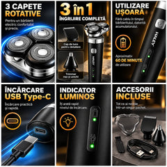 Aparat de Bărbierit Electric HALEY HY-4705 3 în 1, 3 Capete Rotative, Trimmer Barbă și Nas, Încărcare USB, Bărbați
