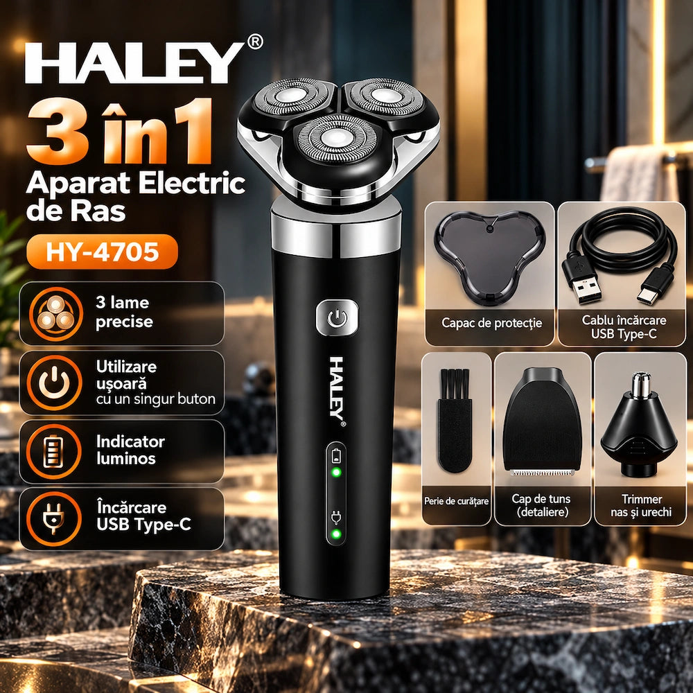 Aparat de Bărbierit Electric HALEY HY-4705 3 în 1, 3 Capete Rotative, Trimmer Barbă și Nas, Încărcare USB, Bărbați