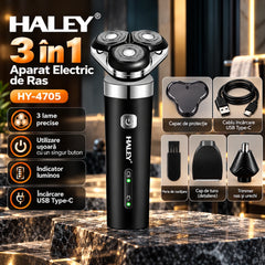 Aparat de Bărbierit Electric HALEY HY-4705 3 în 1, 3 Capete Rotative, Trimmer Barbă și Nas, Încărcare USB, Bărbați