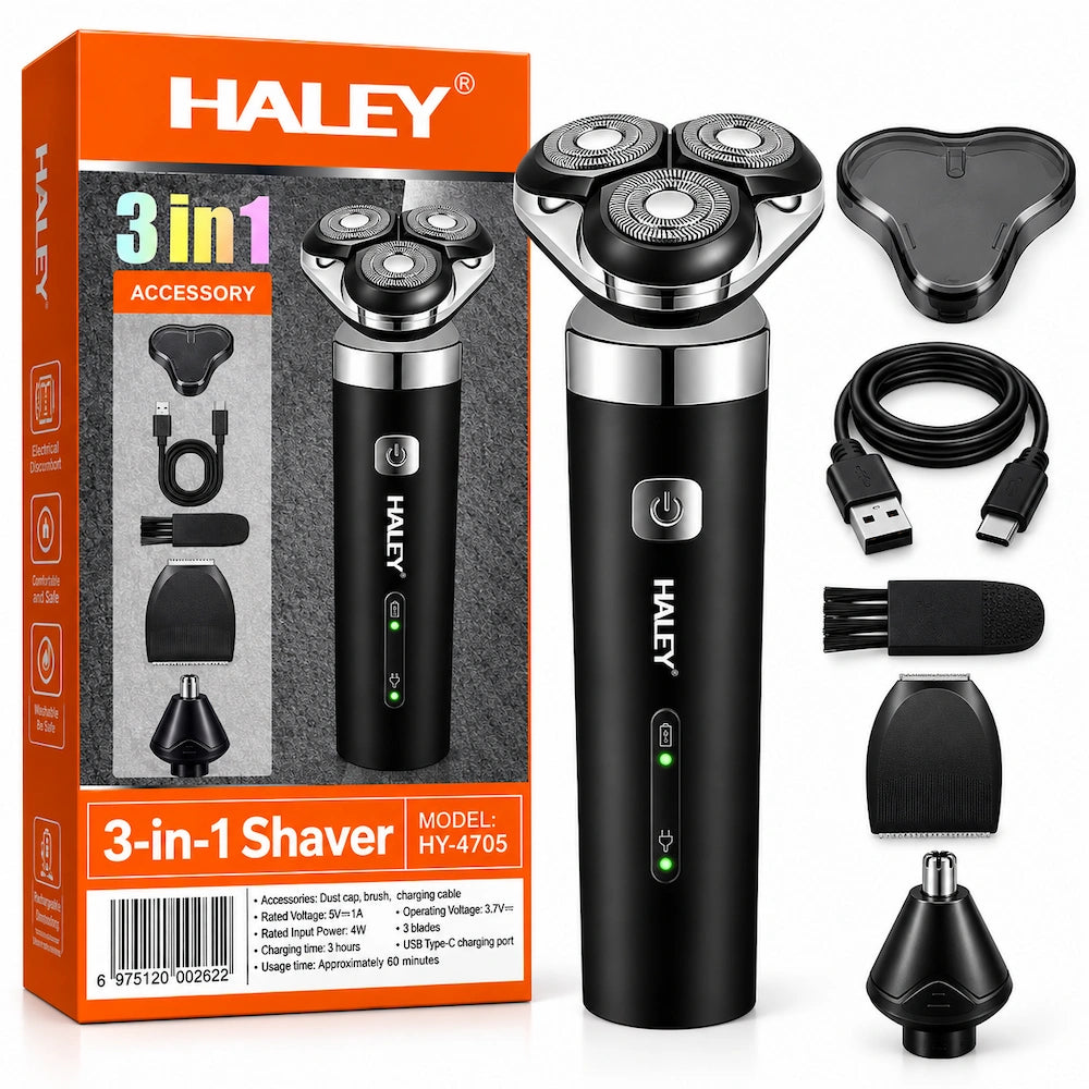 Aparat de Bărbierit Electric HALEY HY-4705 3 în 1, 3 Capete Rotative, Trimmer Barbă și Nas, Încărcare USB, Bărbați