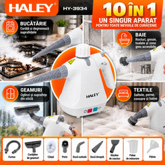 Aparat de Curățat cu Abur HALEY® HY-3934, Multifuncțional 10 în 1, 1000W, Presiune 3 Bar 300 kPa, Rezervor 350 ml, Abur Fierbinte peste 100°C, Curățare, Degresare și Igienizare Fără Substanțe Chimice