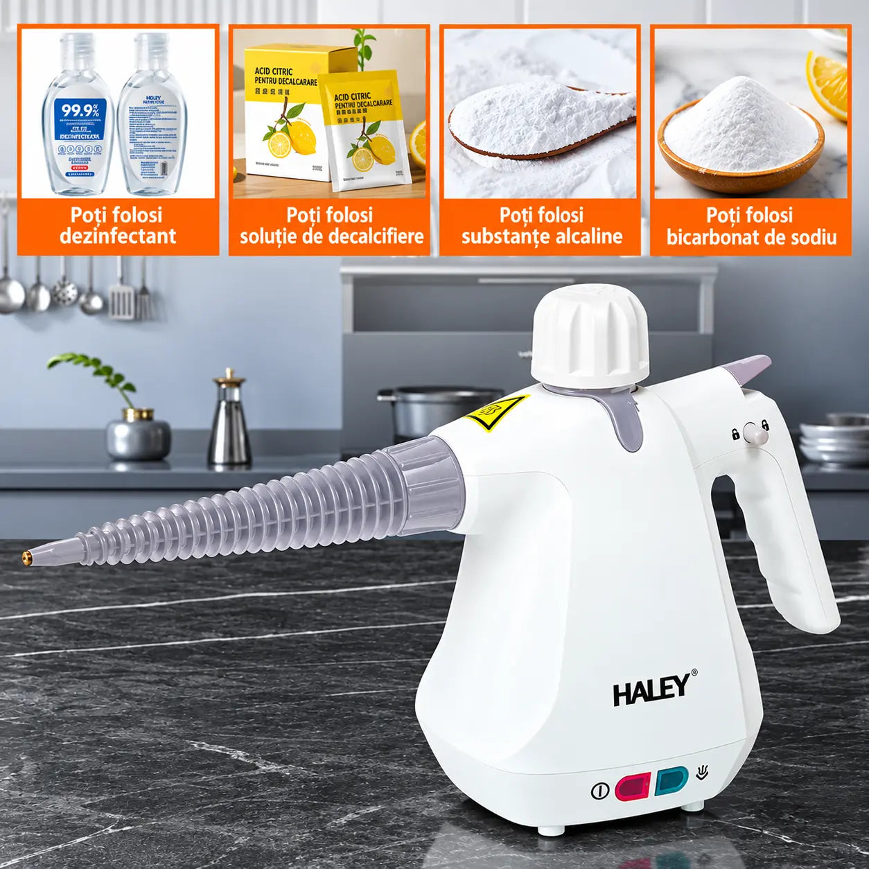 Aparat de Curățat cu Abur HALEY® HY-3934, Multifuncțional 10 în 1, 1000W, Presiune 3 Bar 300 kPa, Rezervor 350 ml, Abur Fierbinte peste 100°C, Curățare, Degresare și Igienizare Fără Substanțe Chimice