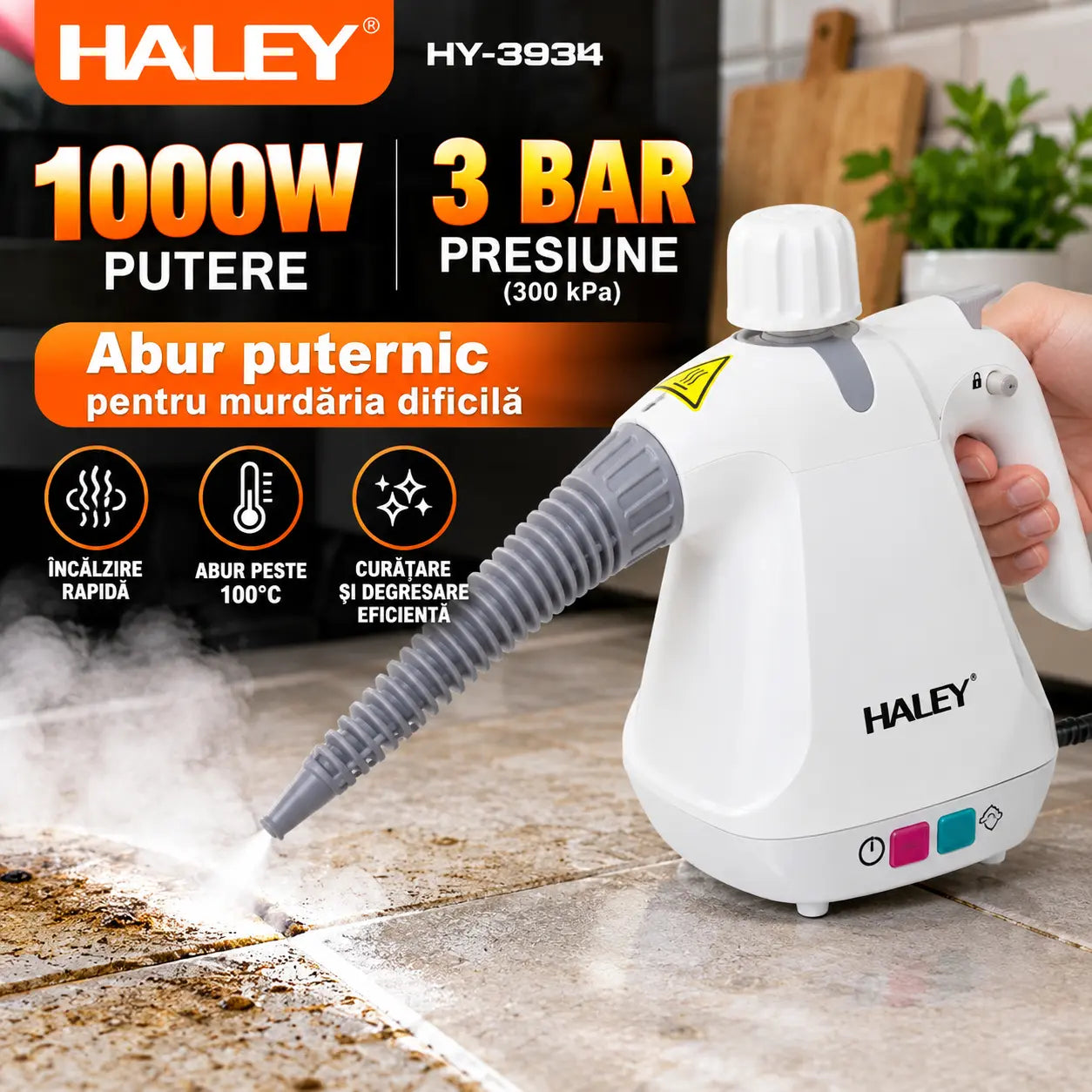 Aparat de Curățat cu Abur HALEY® HY-3934, Multifuncțional 10 în 1, 1000W, Presiune 3 Bar 300 kPa, Rezervor 350 ml, Abur Fierbinte peste 100°C, Curățare, Degresare și Igienizare Fără Substanțe Chimice