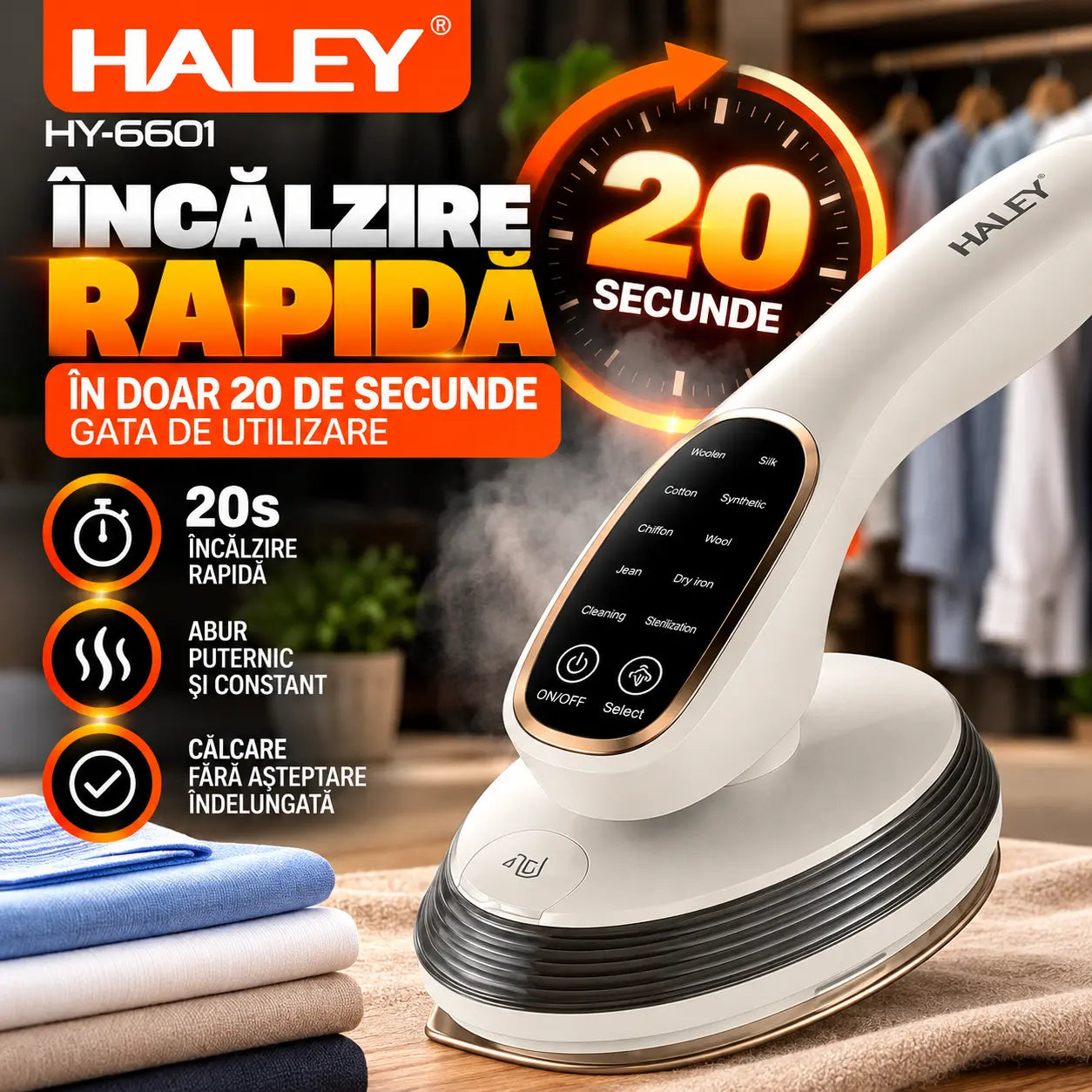 Aparat de Călcat Vertical și Orizontal cu Aburi HALEY® HY-6601, 2000W, Cap Rotativ la 90°, Panou de Control Tactil, Încălzire Rapidă în 20 Secunde, 3 Niveluri de Abur, Rezervor 120 ml, Funcție de Călcare Uscată