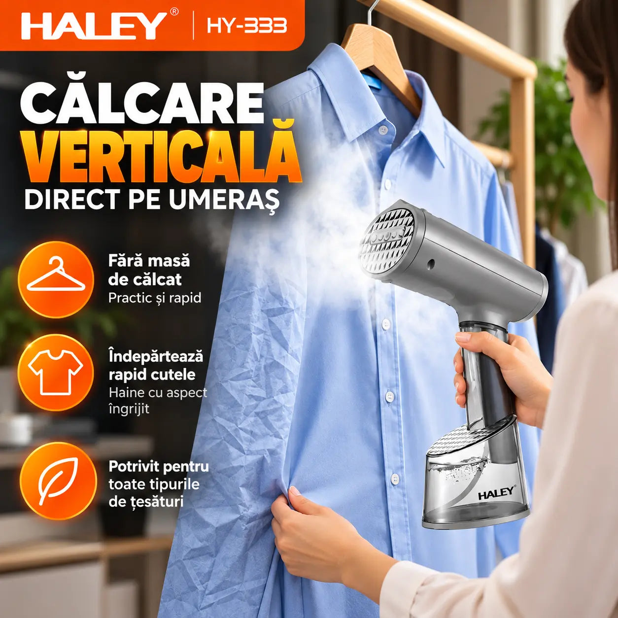 Aparat de Călcat Vertical și Orizontal cu Aburi HALEY HY-333, 1500W, Încălzire Rapidă în 20 Secunde, Debit Abur 20–25 g/min, 2 Rezervoare de Apă 70/300 ml, Protecție la Supraîncălzire, Perie Inclusă