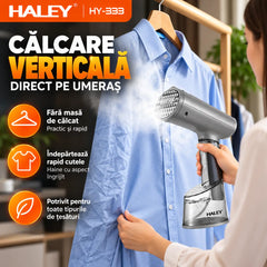 Aparat de Călcat Vertical și Orizontal cu Aburi HALEY HY-333, 1500W, Încălzire Rapidă în 20 Secunde, Debit Abur 20–25 g/min, 2 Rezervoare de Apă 70/300 ml, Protecție la Supraîncălzire, Perie Inclusă