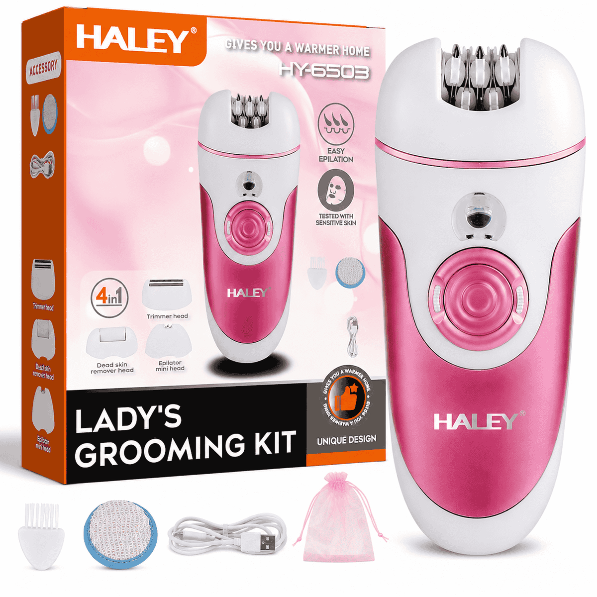 Epilator Reîncărcabil Pentru Femei Haley HY-6503, Set 4 În 1, 4 Capete, 2 Viteze, Wet & Dry, Accesorii Incluse