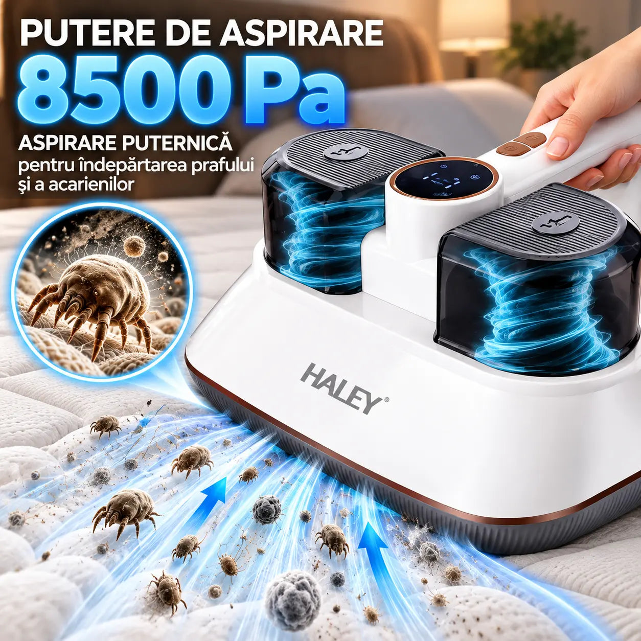 Aparat pentru Îndepărtarea Acarienilor și a Scamelor HALEY HY-1937, 500W, Putere de Aspirare 8500Pa, Sistem de Filtrare Multistrat, Funcție Antibacteriană, Display LED, Recipient 200 ml