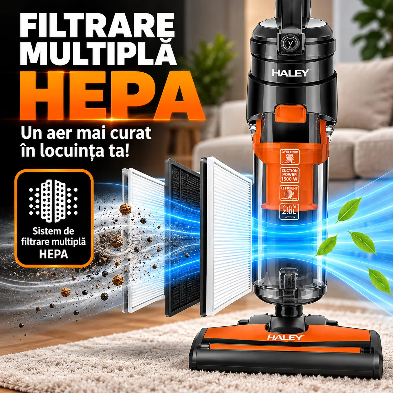 Aspirator Vertical HALEY HY-1928, 1500W, Tehnologie Ciclonică, Filtru HEPA, Recipient 2L