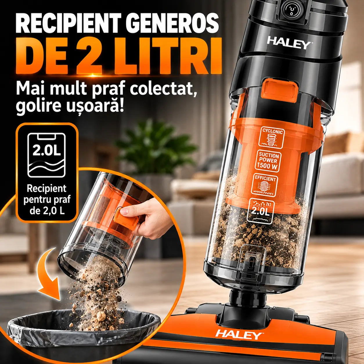 Aspirator Vertical HALEY HY-1928, 1500W, Tehnologie Ciclonică, Filtru HEPA, Recipient 2L