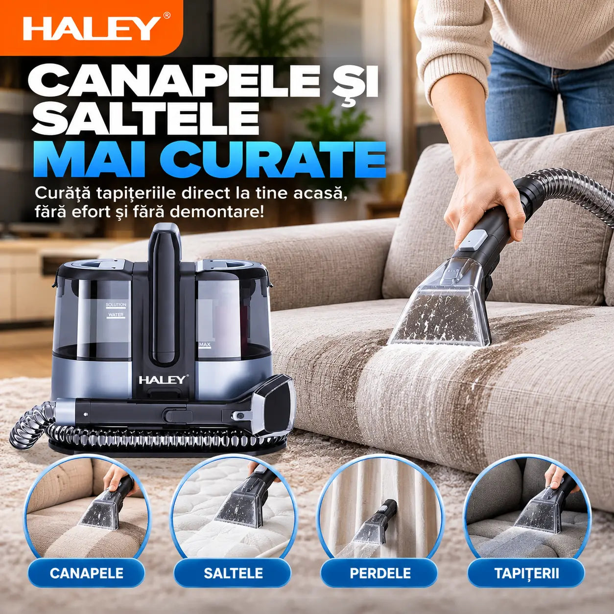 Aspirator cu Spălare HALEY HY-3923 AB, 3500W, Curățare Tapițerie, Canapele, Saltele și Covoare, Rezervor Apă Curată 1350 ml, Rezervor Apă Murdară 800 ml, Rază de Lucru 4 m, IPX4