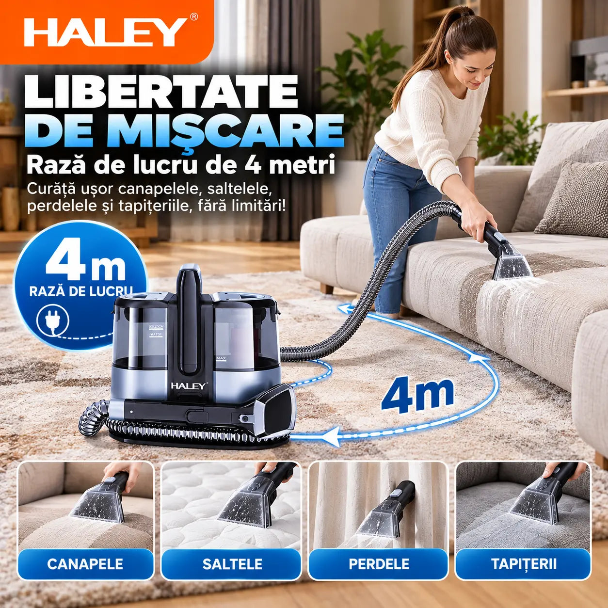 Aspirator cu Spălare HALEY HY-3923 AB, 3500W, Curățare Tapițerie, Canapele, Saltele și Covoare, Rezervor Apă Curată 1350 ml, Rezervor Apă Murdară 800 ml, Rază de Lucru 4 m, IPX4