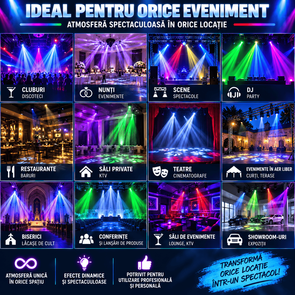 Moving Head LED Profesional 7×10W RGBW 4-în-1, 80W, DMX512 9/14 Canale, PAN 540° / TILT 180°, Stroboscop, Dimmer, Control Muzical, Auto și Master-Slave