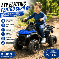 ATV Electric KIDOO pentru Copii 6V, Motor 380, Faruri LED, Pornire cu Buton, Design Off-Road, Albastru