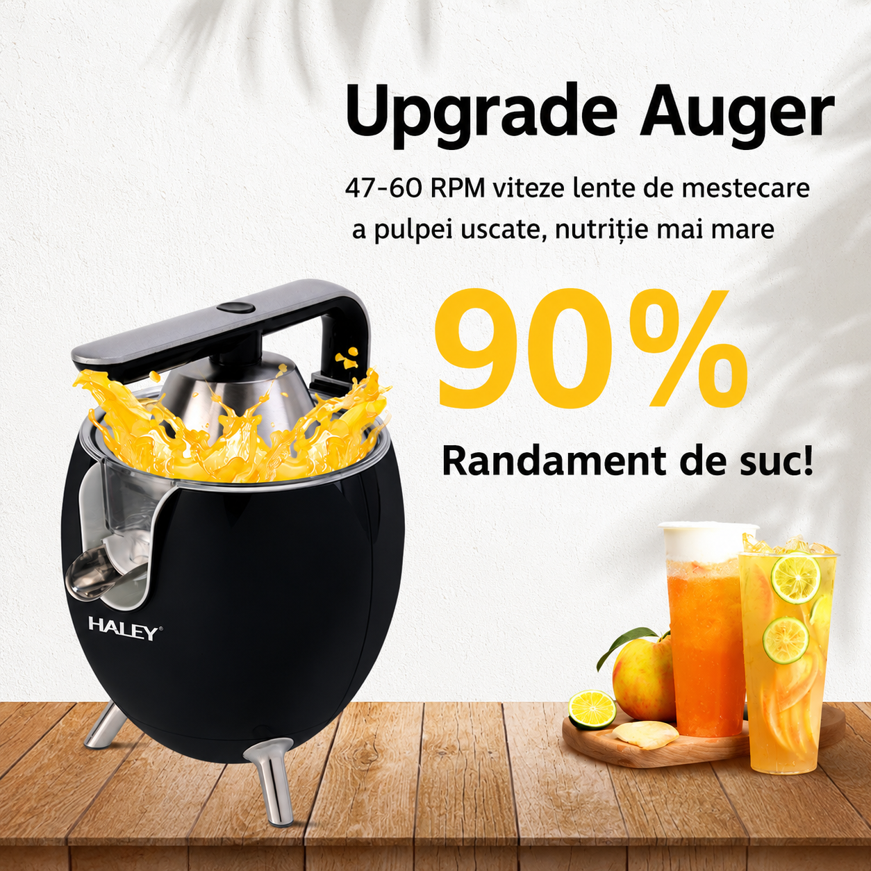 Storcător Electric de Citrice HALEY HY-2965, 500W, 2 Conuri pentru Citrice, Sistem de Presare, Componente din Inox, Funcție Anti-Picurare, Negru