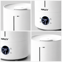 Umidificator de Aer HALEY HY-3101, Rezervor 5L, Umidificare 360°, Intensitate Reglabilă, Umplere de Sus, Panou Digital, 1000W, Alb