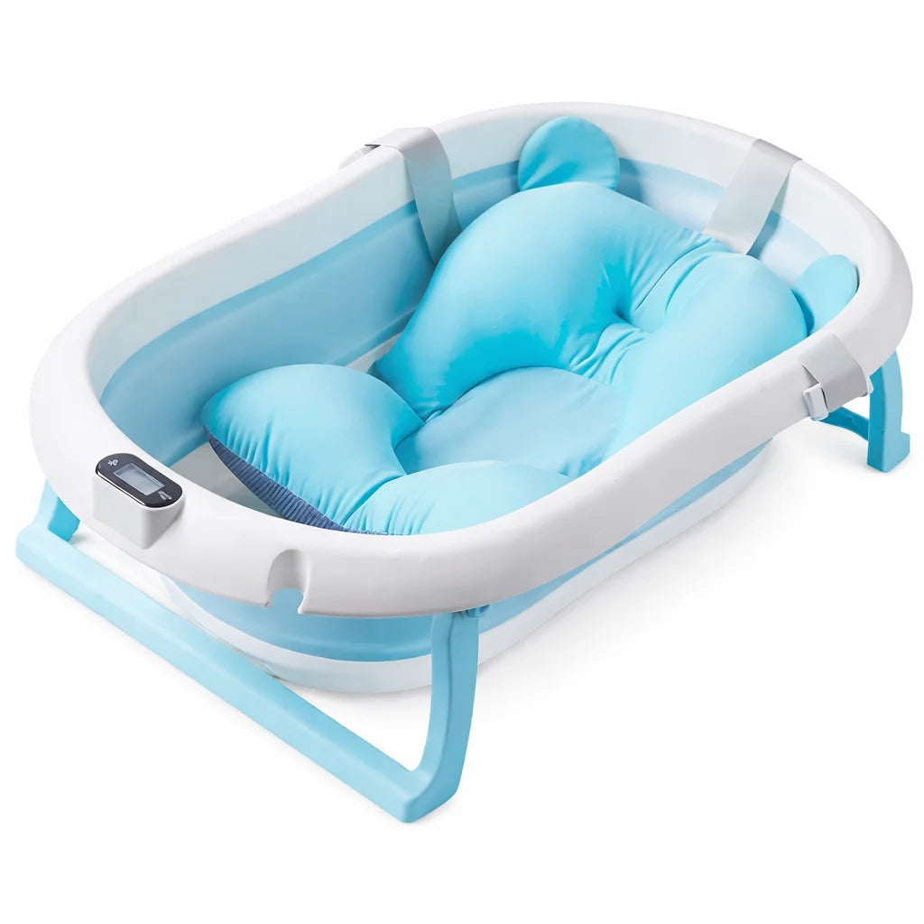 Cadita pliabila albastra pentru nou nascuti cu pernita si termometru incorporat