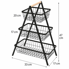 Coș pentru Fructe și Legume AT PERFORMANCE® cu 3 Etaje, Metal, Mâner din Lemn