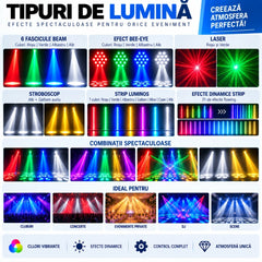Moving Head LED Bee-Eye cu 6 Beam-uri Mobile, Laser Roșu și Verde, Stroboscop Dublu și Bandă LED RGB – Control DMX512 26 Canale, Master/Slave, Auto-Run și Sound Active pentru Club, DJ, Nunți și Evenimente