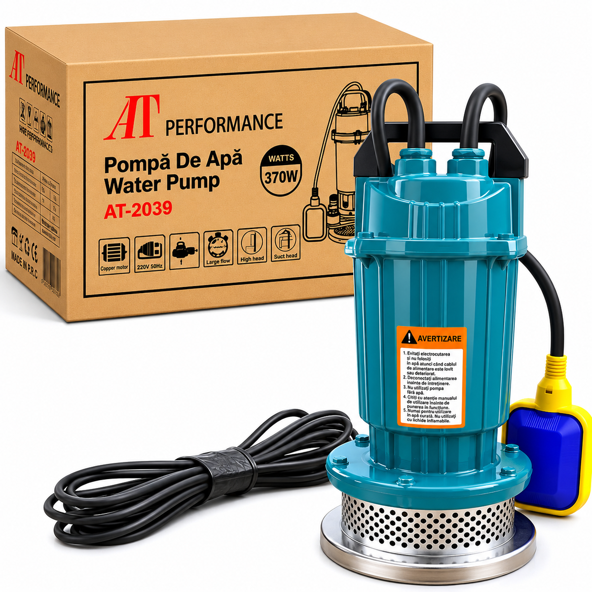 Pompa apa curata submersibila, AT-Performance AT-2039, fonta, pornire automata, cu plutitor, 370 W, Inaltime refulare 16 m, adancime absorbtie 6 m, 1.5 m3/h, 1 Tol, 220 V
