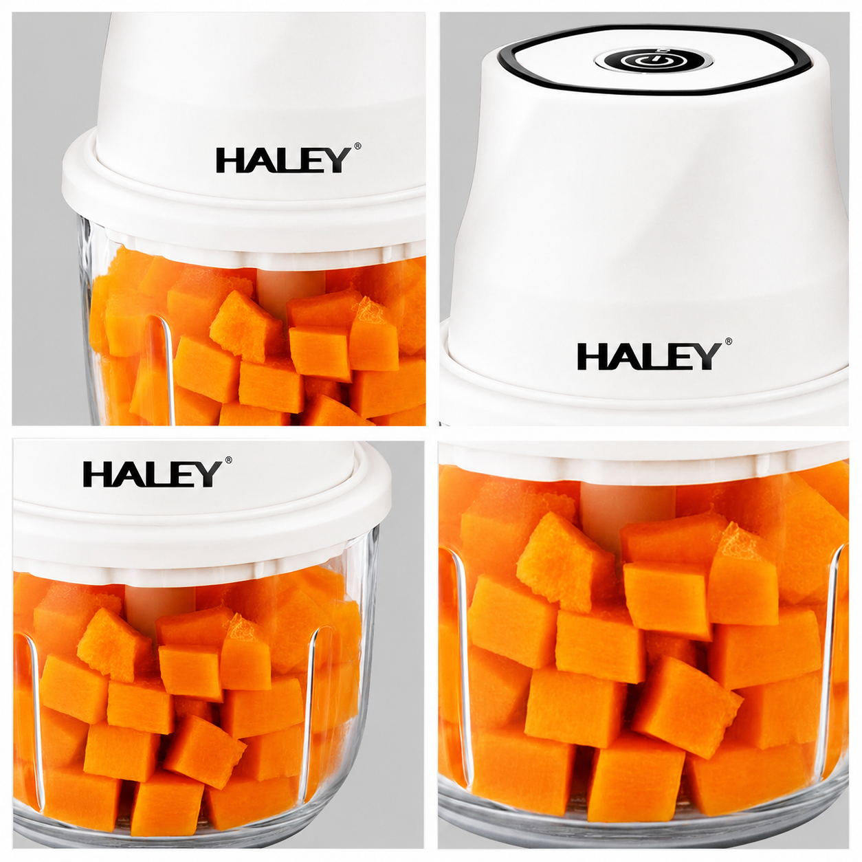 Aparat pentru prepararea și mărunțirea alimentelor HALEY HY-1255, 300W, recipient din sticlă 350 ml, 6 lame din oțel inoxidabil, încărcare USB Type-C