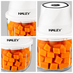 Aparat pentru prepararea și mărunțirea alimentelor HALEY HY-1255, 300W, recipient din sticlă 350 ml, 6 lame din oțel inoxidabil, încărcare USB Type-C