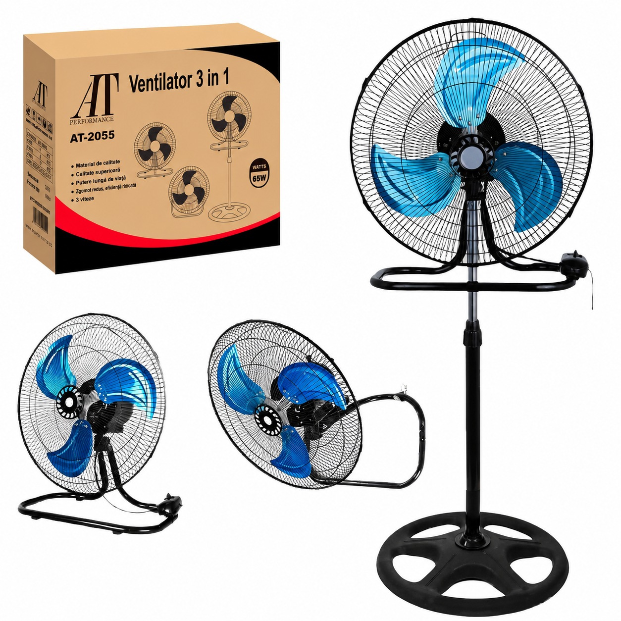 Ventilator 3 în 1 AT PERFORMANCE® AT-2055, 65W, 18 Inch, Podea, Perete și Picior, 3 Viteze, Oscilație, Reglabil pe Înălțime