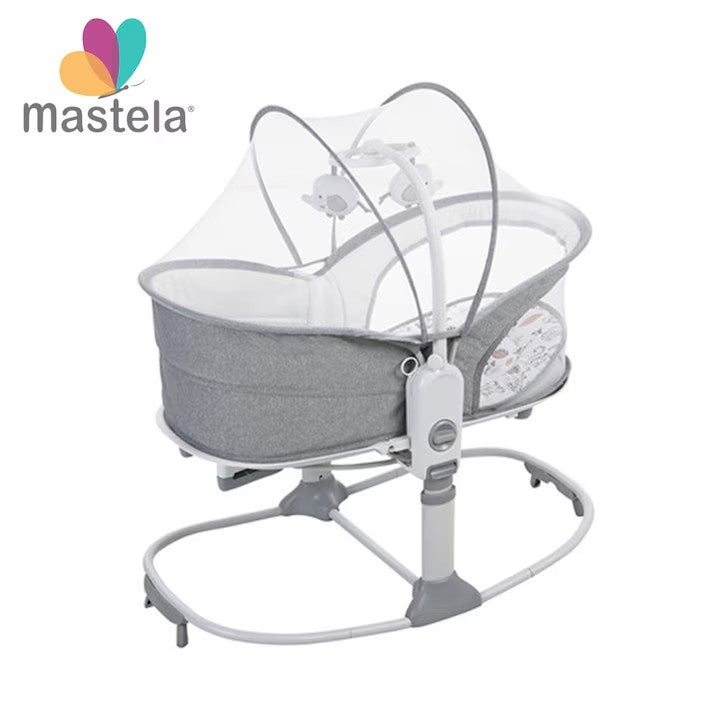 Pachet Leagăn 2 în 1 pentru Bebeluși: Mastela 8309 Gri cu Vibrații + Set Hrănire Silicon 10 Piese Albastru | Relaxare și Diversificare Inteligentă
