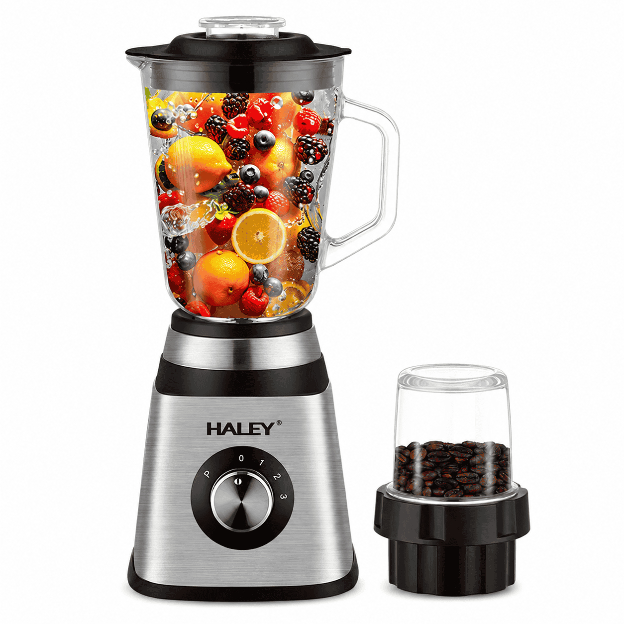 Blender Multifuncțional HALEY HY-2944 2 în 1, 1000W, Cană Din Sticlă 1,5L, Râșniță, 3 Trepte + Pulse, Funcție Zdrobire Gheață