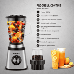 Blender Multifuncțional HALEY HY-2944 2 în 1, 1000W, Cană Din Sticlă 1,5L, Râșniță, 3 Trepte + Pulse, Funcție Zdrobire Gheață