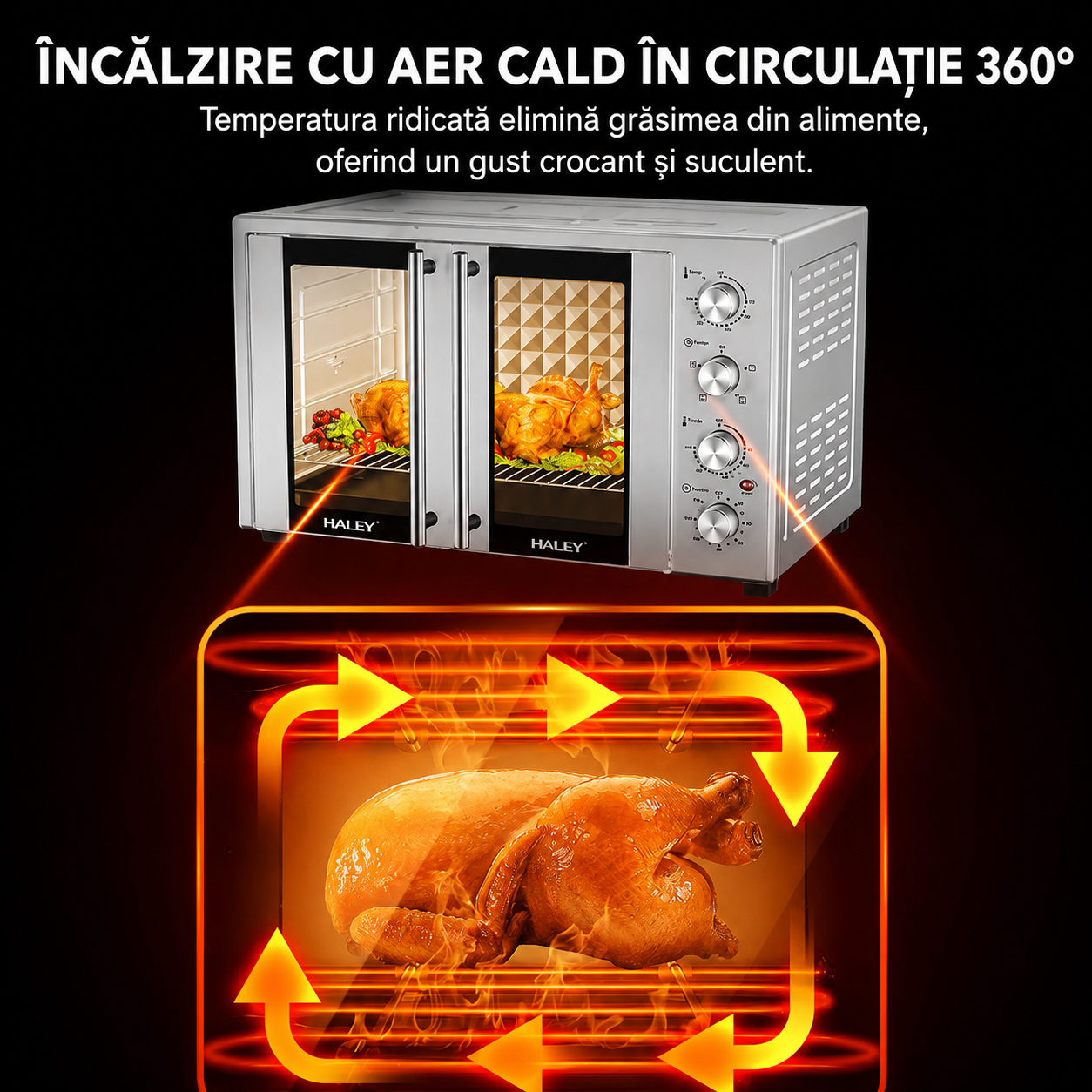 Cuptor electric HALEY HY-5132, 110L, 3600W, temperatură reglabilă până la 250°C, rotisor, timer 120 minute, tavă și grătar incluse