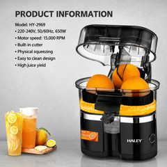 Storcător Electric pentru Citrice Haley HY-2969, 650W, 15.000 RPM, Recipient 400 ml, Tăietor Integrat, Sistem Automat de Alimentare, Negru