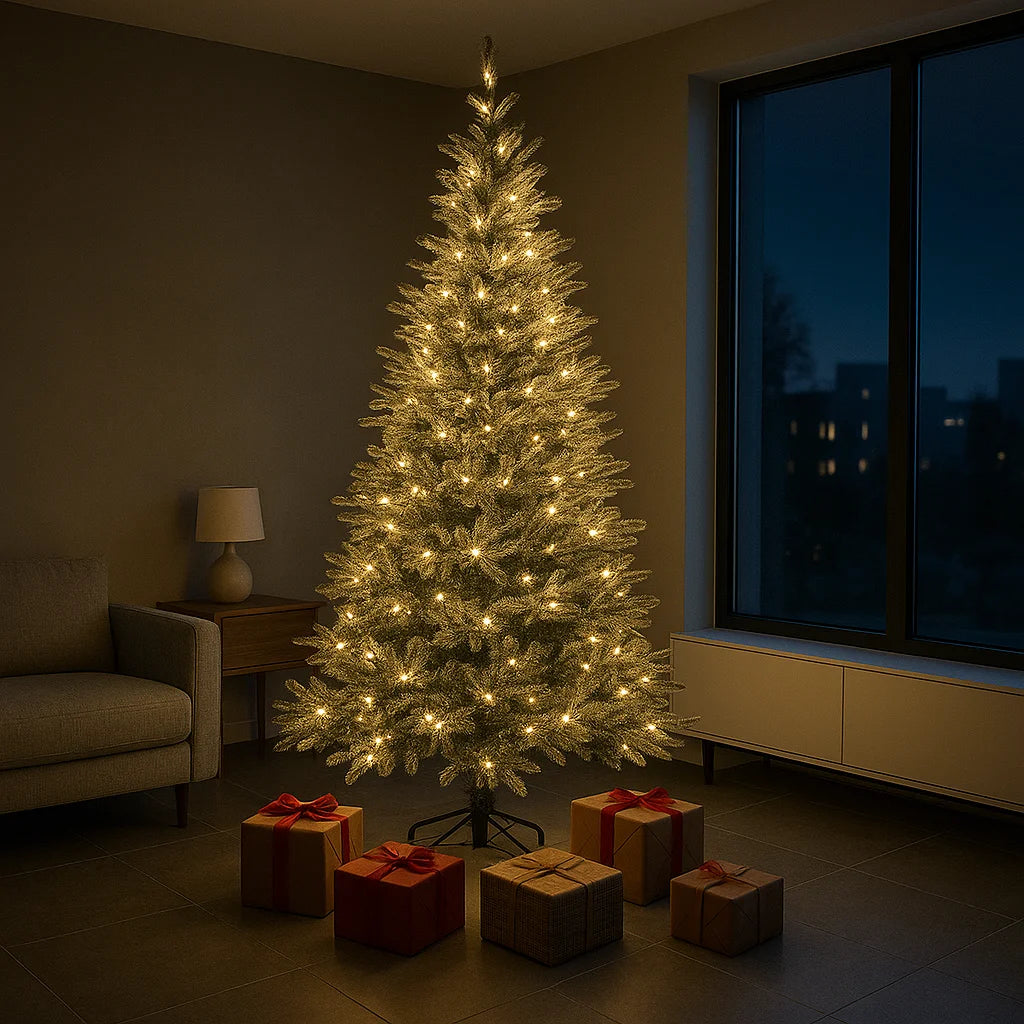 Brad artificial 3D cu ninsoare 2.1m, 1150 ramuri, cu lumini LED calde – Christmas Tree 2.1m 1150T