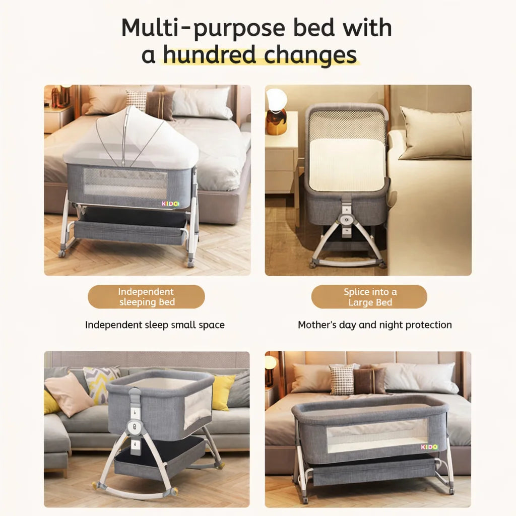 Pat portabil pentru bebeluși AT PERFORMANCE® 3 în 1 cu saltea confortabilă, înălțime reglabilă, roți și pliere ușoară – ideal pentru nou-născuți, gri