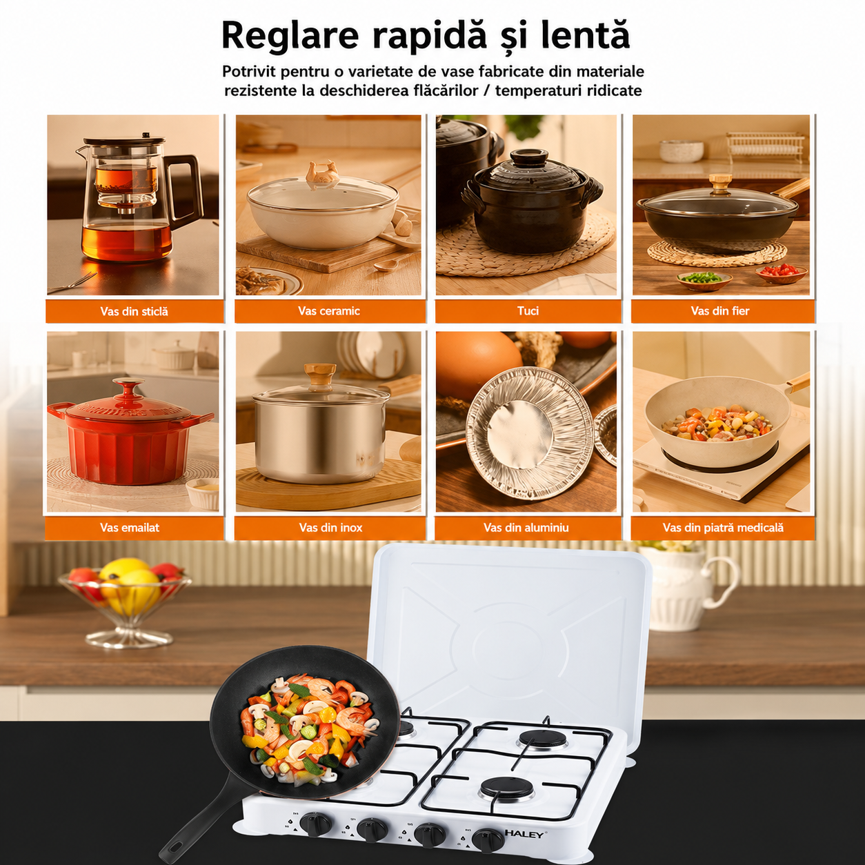 Aragaz Pe Gaz HALEY HY-1521, 4 Arzătoare, Aprindere Rapidă, Flacără Reglabilă, Capac Metalic