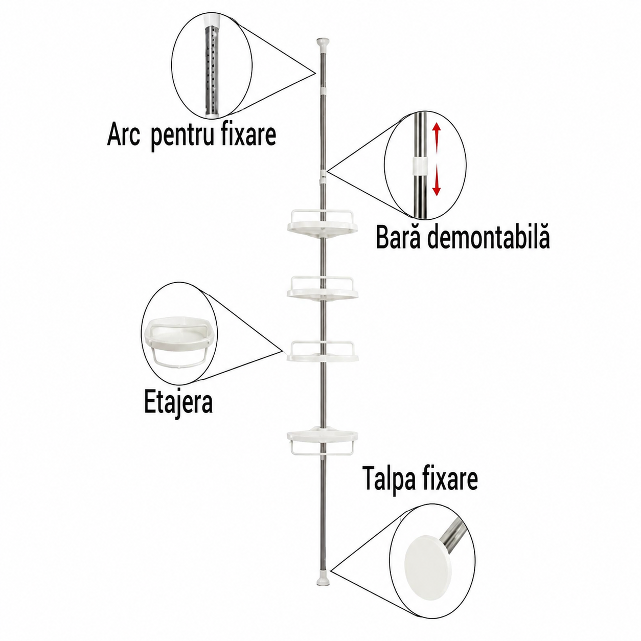 Etajeră Colț Baie AT Performance®, Telescopică 185-310 cm, 4 Rafturi, Organizator Duș, Montaj Fără Găurire