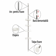 Etajeră Colț Baie AT Performance®, Telescopică 185-310 cm, 4 Rafturi, Organizator Duș, Montaj Fără Găurire