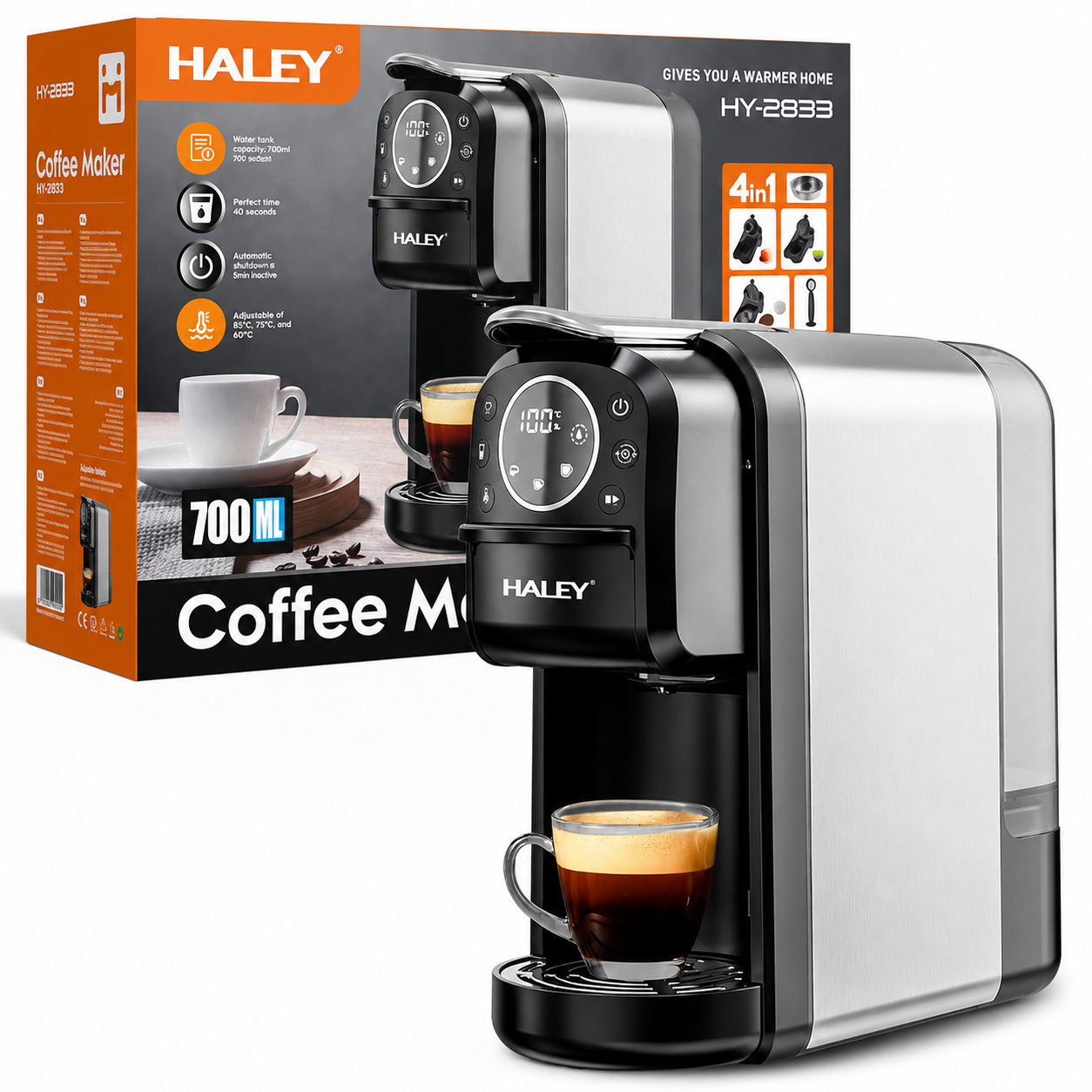 Espressor Cu Capsule HALEY HY-2833 4 În 1, 20 Bari, 1400W, Rezervor 700 ml, Control Tactil, Temperatură Reglabilă