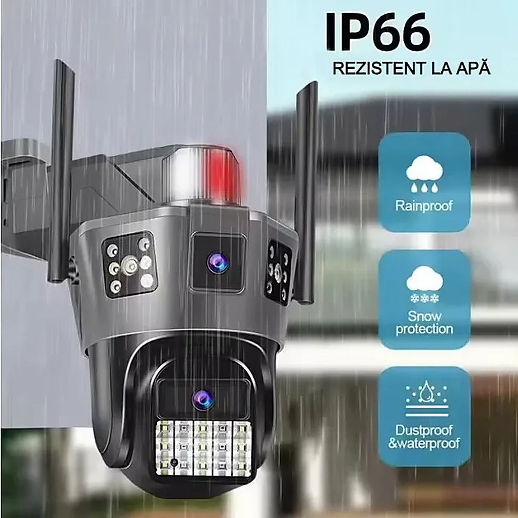 Cameră de Supraveghere AT PERFORMANCE® Exterior 4G SIM PTZ 355° – Triple Screen, Detectare Mișcare, Vedere Nocturnă HD