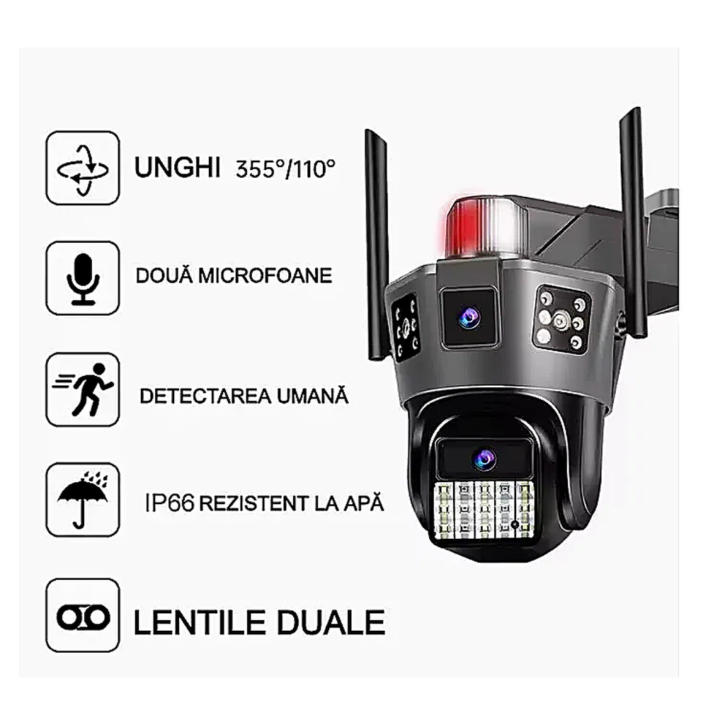 Cameră de Supraveghere AT PERFORMANCE® Exterior 4G SIM PTZ 355° – Triple Screen, Detectare Mișcare, Vedere Nocturnă HD