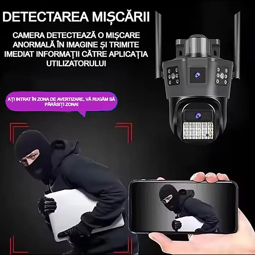 Cameră de Supraveghere AT PERFORMANCE® Exterior 4G SIM PTZ 355° – Triple Screen, Detectare Mișcare, Vedere Nocturnă HD