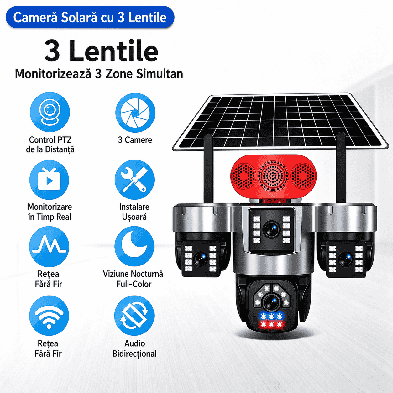Cameră de Supraveghere Solară 4G cu 3 Obiective, 6K Ultra HD, AOV Înregistrare Continuă 24/24, IP66, Acumulator Integrat, Panou Solar, Card TF și Cloud, Alarmă cu Notificări