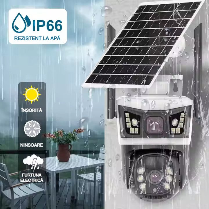 Cameră Supraveghere Solară 4G cu 2 Camere AT PERFORMANCE® – 6MP Full HD, PTZ, SIM, V380 Pro, Vedere Color Noaptea, Senzor PIR + AI, Exterior