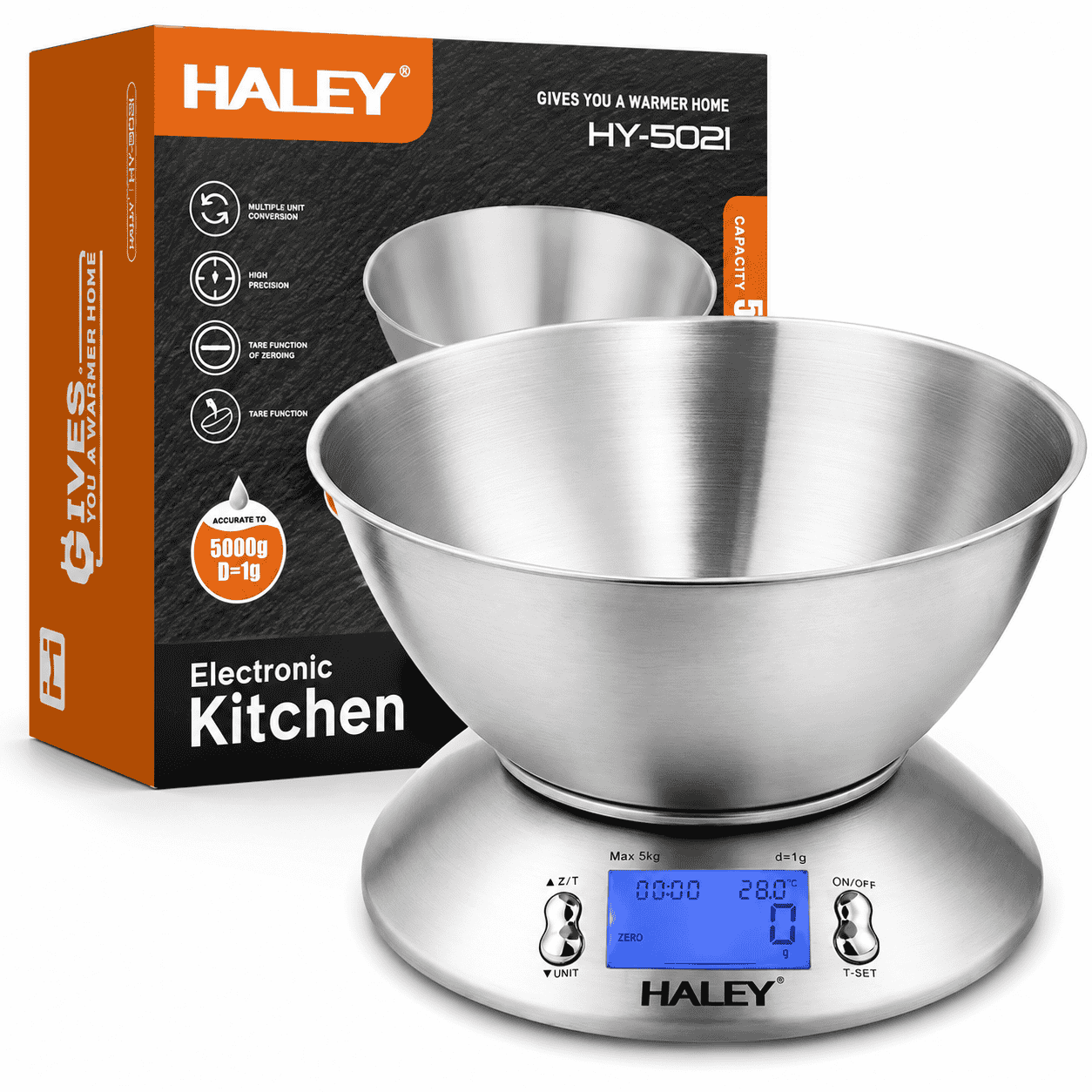 Cântar Electronic De Bucătărie Haley HY-5021, Capacitate 5 Kg, Precizie 1 g, Bol Inox 1,8 L, Display LCD