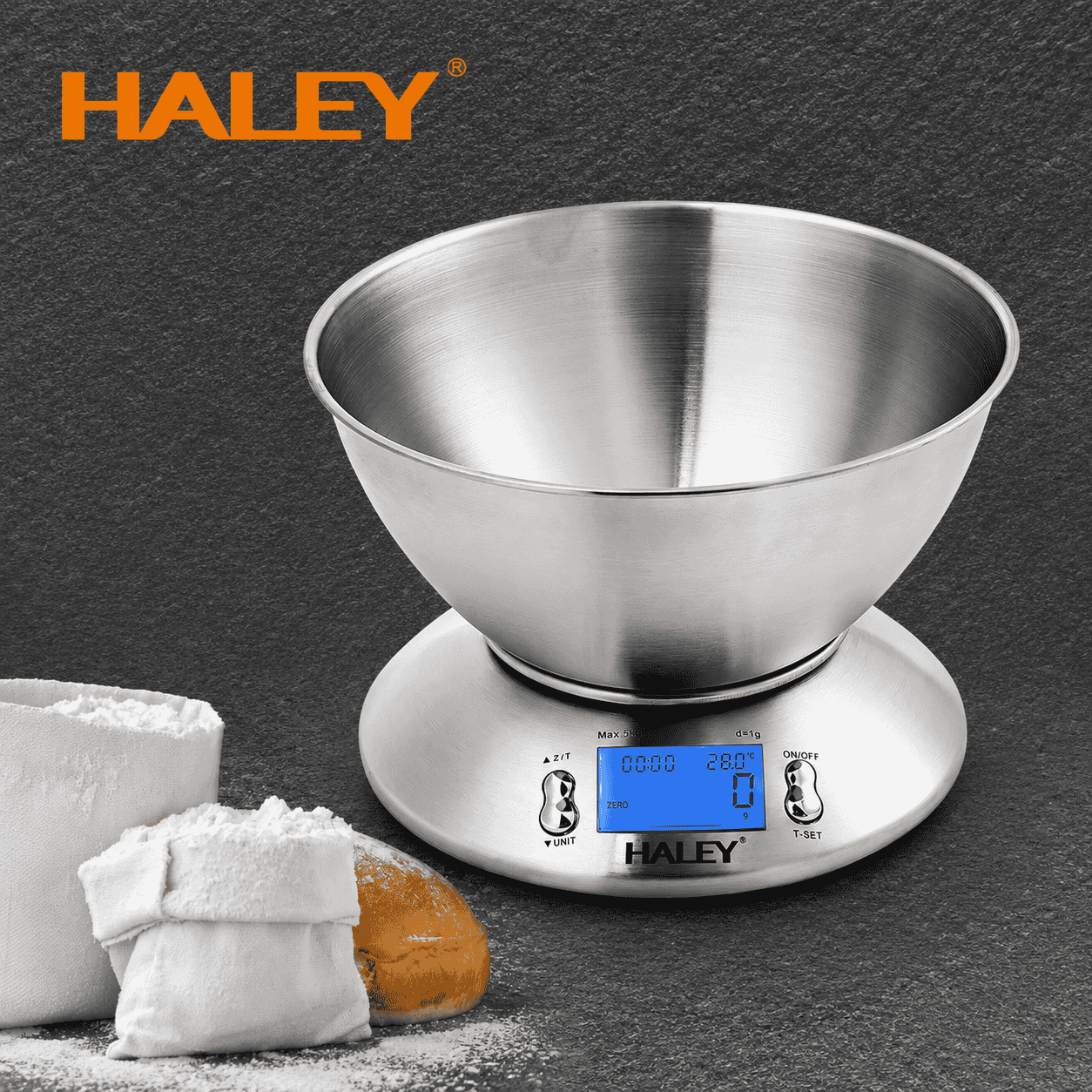 Cântar Electronic De Bucătărie Haley HY-5021, Capacitate 5 Kg, Precizie 1 g, Bol Inox 1,8 L, Display LCD