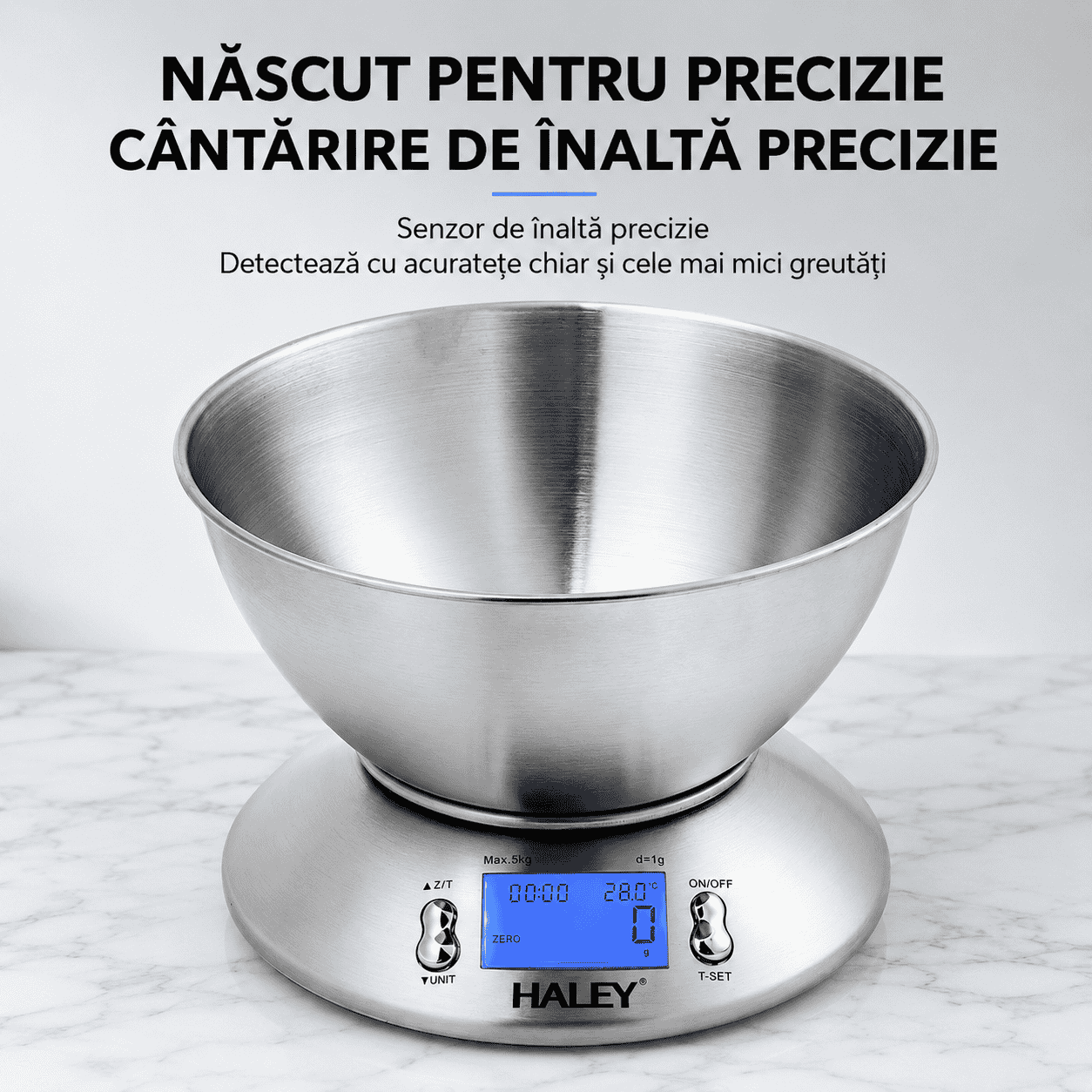 Cântar Electronic De Bucătărie Haley HY-5021, Capacitate 5 Kg, Precizie 1 g, Bol Inox 1,8 L, Display LCD