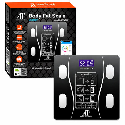Cântar Personal Analitic AT PERFORMANCE® cu Aplicație Smart, Bluetooth, Afișaj Digital, Termometru, Max. 180 kg, Negru