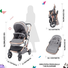 Carucior, 2 in 1 KIDOO® – Cărucior Pliabil cu Fața Inversă pentru Bebeluși cu Diverse Moduri, Cărucior Reglabil și Culisant